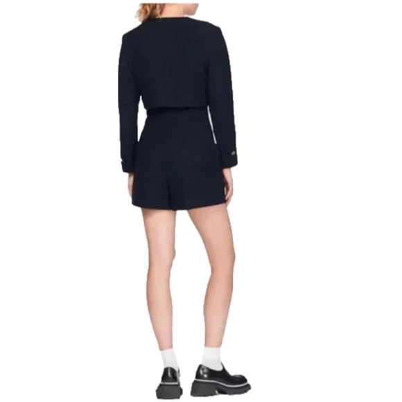 Sandro Seal Tweed Romper Black Long Sleeve Button Pockets V Neck 36 4 S - Picture 2 of 14